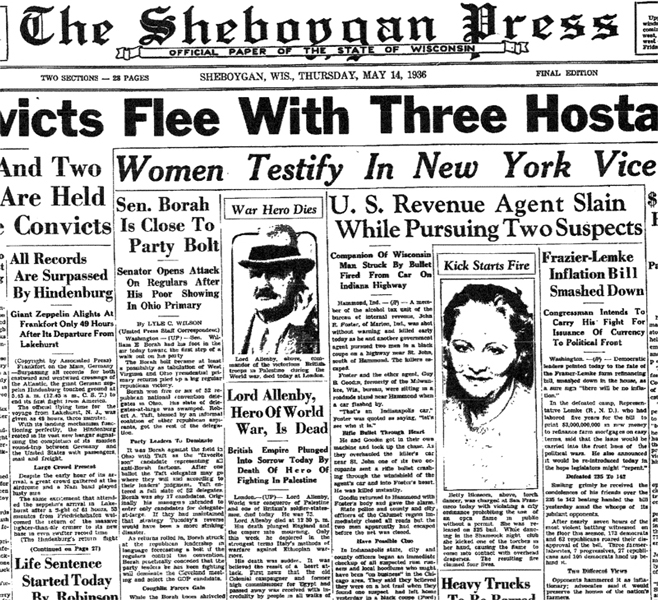 Newspaper article from The Sheboggan Press, dated May 14, 1936, with headline: U.S. Revenue Agent Slain While Pursuing Two Suspects
