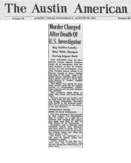 The Austin American article, dated Wednesday, August 20, 1941, with headline Murder Charged After Death of U.S. Investigator