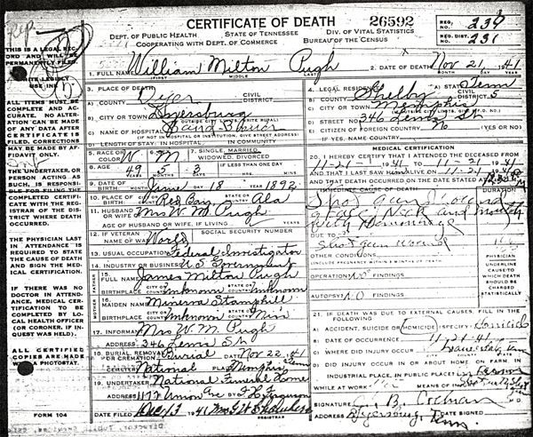 William Milton Pugh Certificate of Death