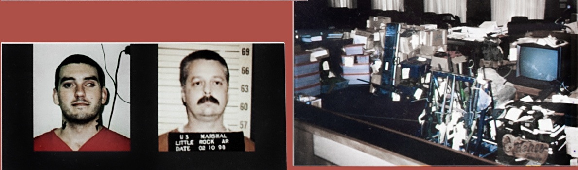 Arrest Image of Chevie Kehoe and Daniel Lee next to an image of evidence piled on a desk