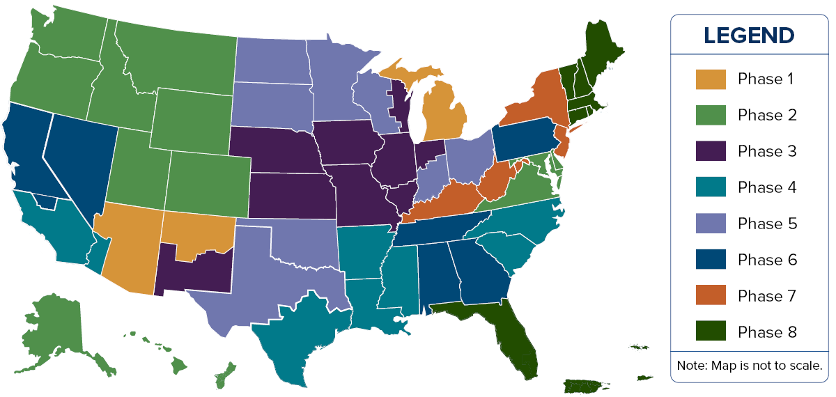U.S. map showing the phased, nationwide implementation plan for ATF's Body Worn Camera Program, with states color-coded by implementation phase.