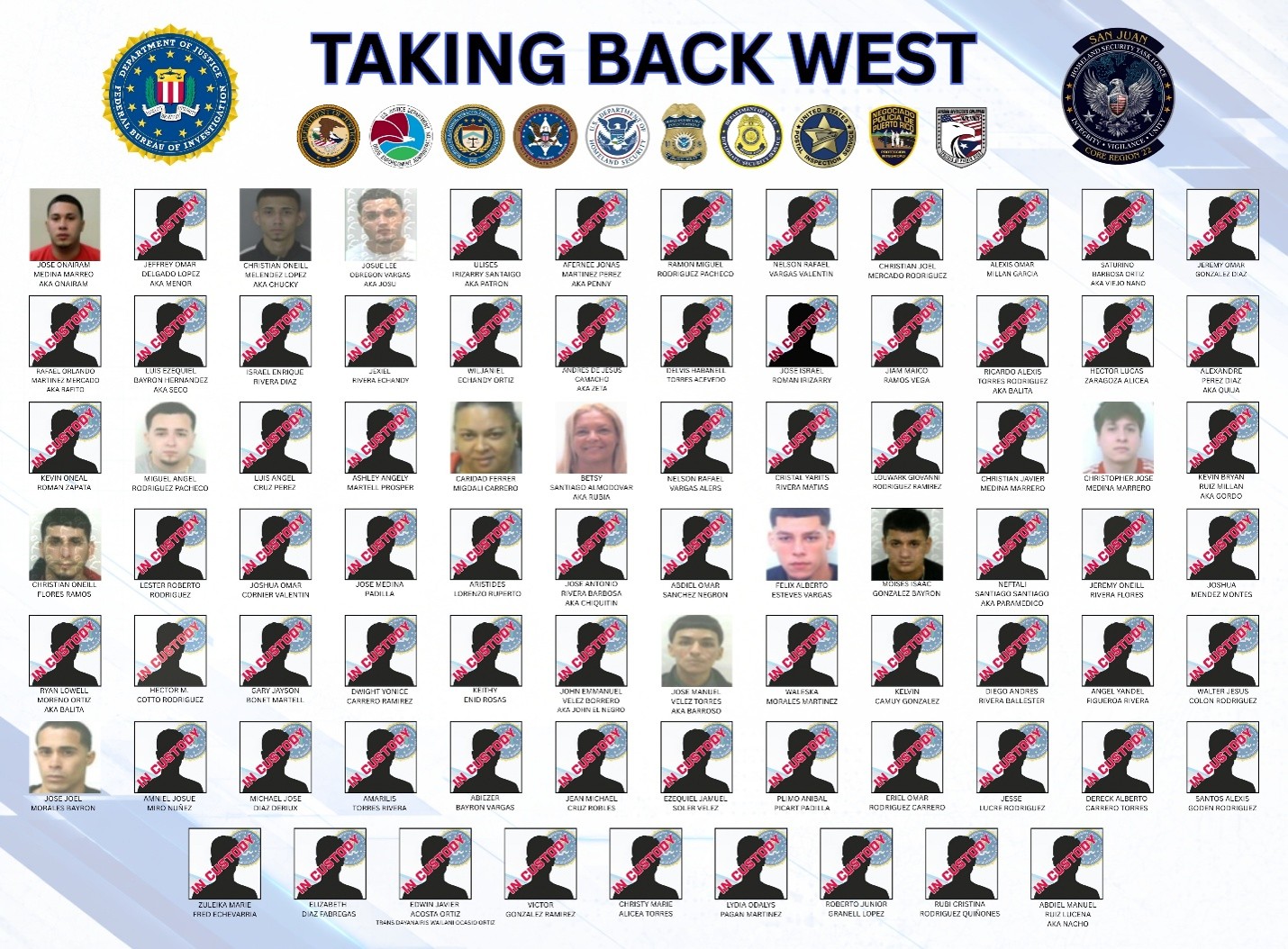 "Taking Back West" law enforcement poster displaying names and photographs of numerous defendants, with many marked as "In Custody," and seals of participating federal, state, and local law enforcement agencies.