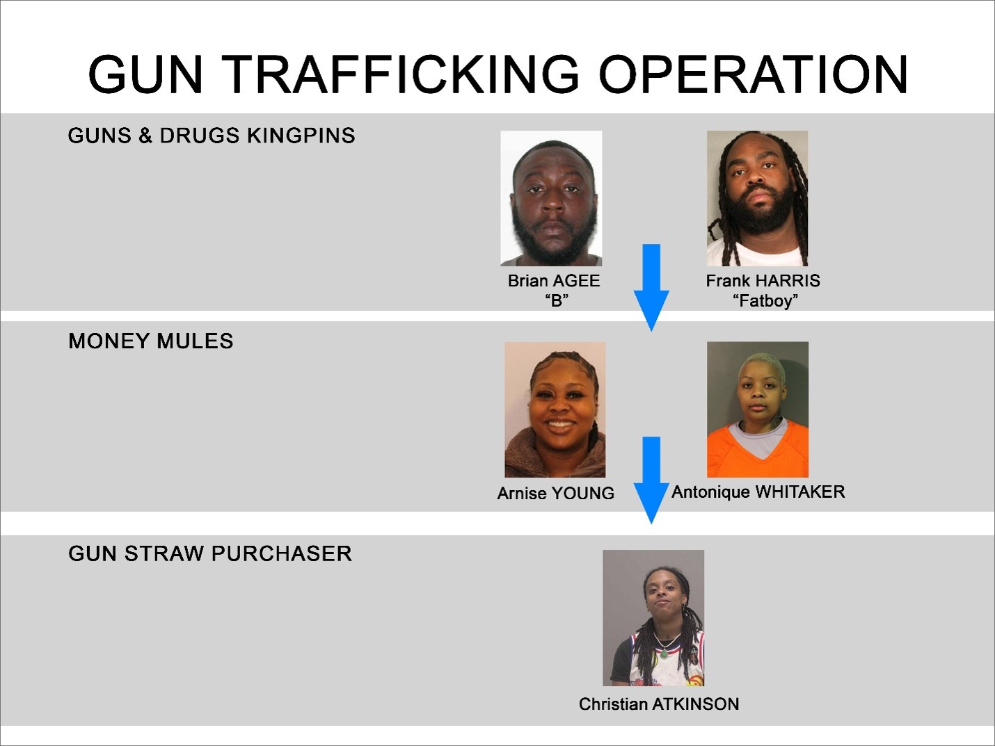 Organization chart titled "Gun Trafficking Operation," listing individuals and their photos as guns and drugs kingpins, money mules, and a gun straw purchaser.