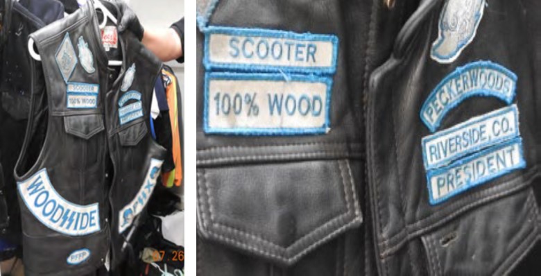 a leather vest, known as a “cut,” also seized from Moncrief’s residence. The cut includes a patch with Moncrief’s moniker, a “president” patch, and a “Woodsside” patch, utilizing Nazi SS Bolts.