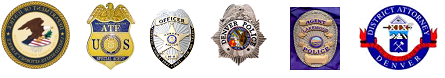 Picture of various Badges and seals of ATF, Justice Dept, and Denver Police Dept
