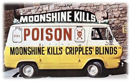 Image of a van painted black, white and yellow advertising moonshine kills, poison, and moonshine kills, cripples, blinds.