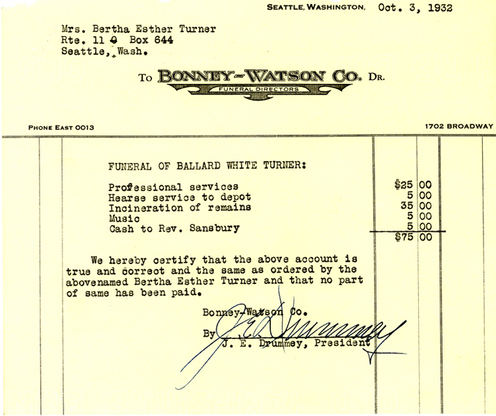 Image of a copy of the funeral bill for Ballard Tuner