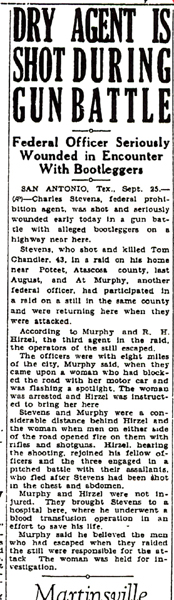 Image of newspaper article with headline, Dry Agent is Shot Durning Gun Battle