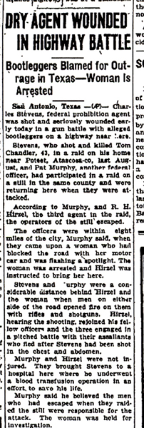 Image of newspaper article with headline, Dry Agent Wounded in Highway Battle