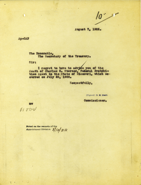 Letter announcing the death of Charles Sterner