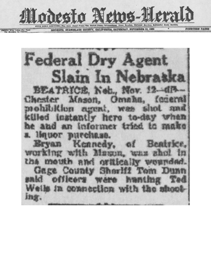 Image of newspaper article in Modesto News-Herald with headline: Federal Dry Agent Slain in Nebraska