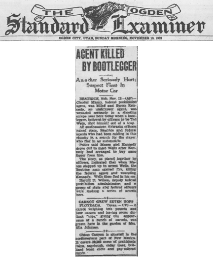 Image of newspaper article in The Ogden Standard Examiner, with headline: Agent Killed by Bootlegger