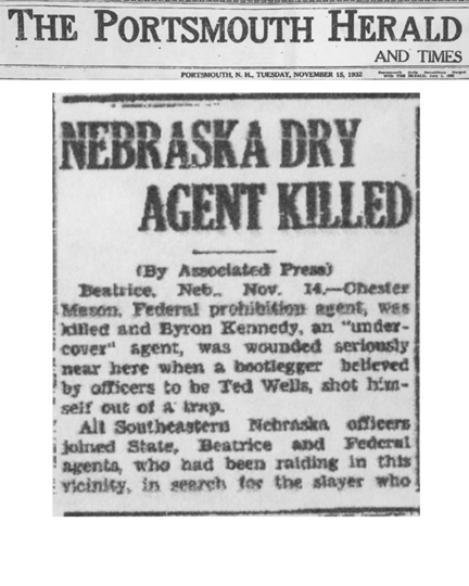 Image of newspaper article in The Portsmouth Hearld and Times, with headline: Nebraska Dry Agent Killed