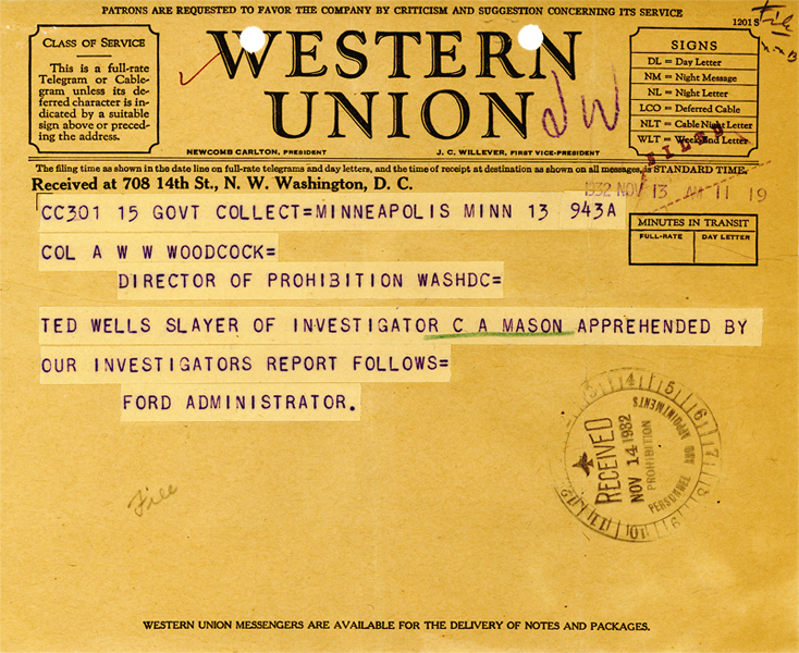 Image of telegraph regarding the apprehension of Ted Wells, slayer of Investigator Mason