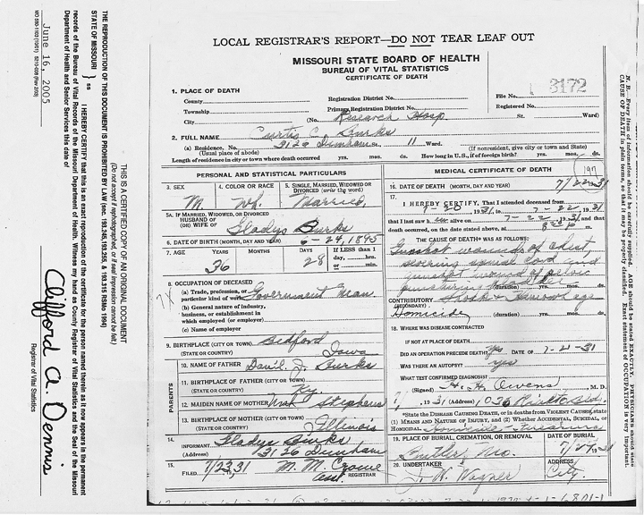 Death Certificate - Image of Curtis Burk death certificate