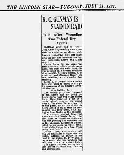 Newspaper - Image of newspaper article from The Lincoln Star, dated July 21, 1931 with the headline K.C. Gunman is Slain in Raid