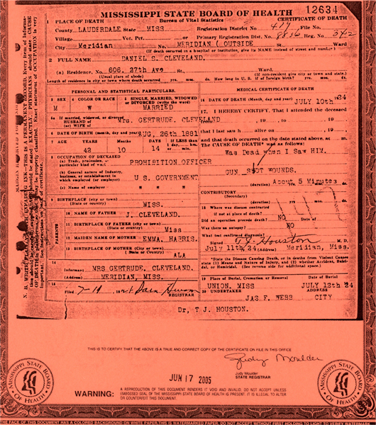Death Certificate of Daniel Cleveland