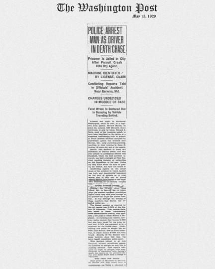 Image of The Washington Post newspaper article, dated May 13, 1929, with headline, Police Arrest Man as Driver in Death Chase
