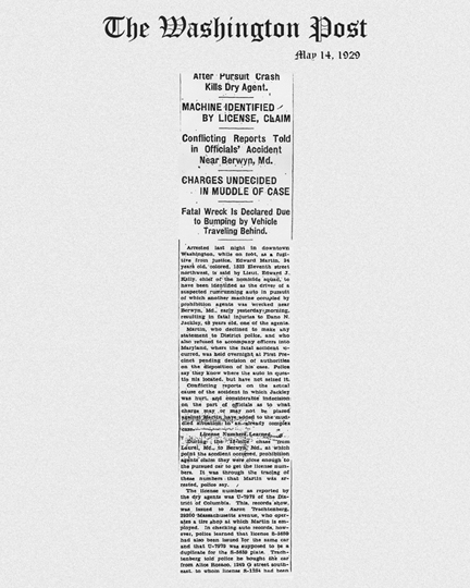 Image of The Washington Post newspaper article, dated May 14, 1929, with headline, Fatal Wreck is Declared Due to Bumping by Vehicle Traveling Behind