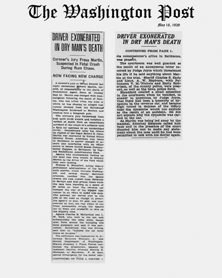Image of The Washington Post newspaper article, dated May 18, 1929, with headline, Driver Exonerated in Dry Man's Death