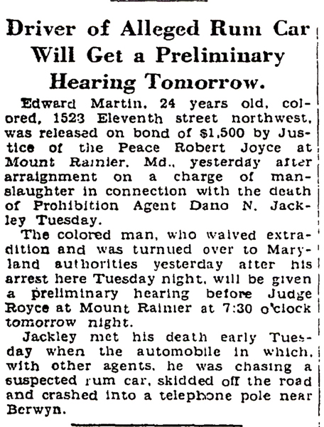 Image of newspaper article with headline, Driver of Alleged Rum Car Will Get a Preliminary Hearing Tomorrow