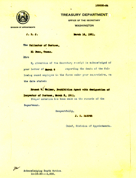 Death Letter from the Treasury Department - Earnest Walter Walker 2