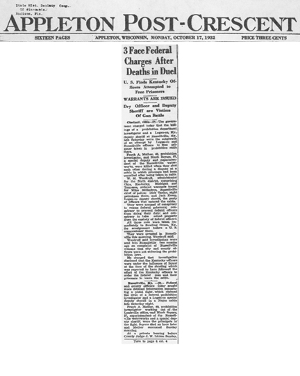 Image of newspaper article from Appleton Post-Crescent with headline: 3 Face Federal Charges After Deaths in Duel