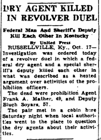 Image of newspaper article with headline: Two Officers Kill Each Other in Dry Raiders Dispute