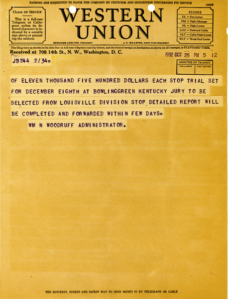 Image of telegram regarding the death of Frank Mather