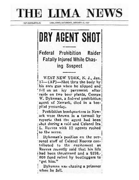 Image of the The Lima News newspaper article, dated January 15, 1927, titled Dry Agent Shot