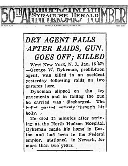 Image of the Syracuse Herald newspaper article, dated January 15, 1927, titled Dry Agent Falls After Raids, Gun Goes Off; Killed