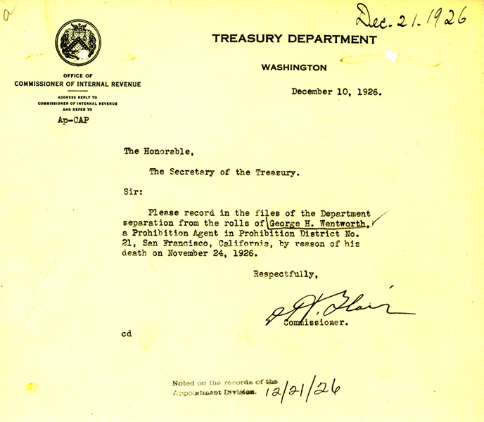 Image of a telegram regarding the death of George Wentworth