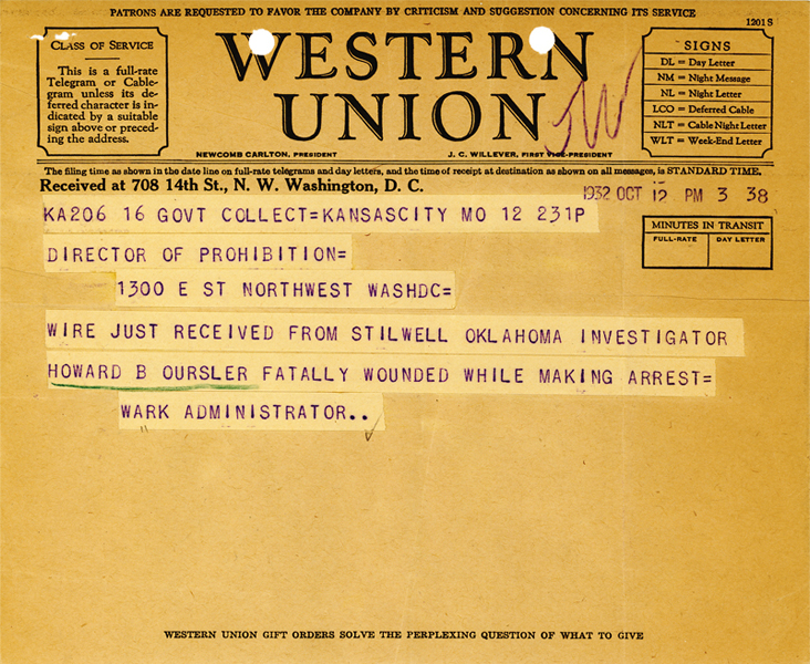 Image of telegram regarding the death of Investigator Howard Oursler