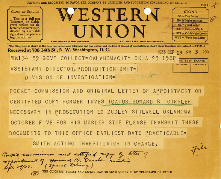 Image of telegram requesting confirmation of Investigator Howard Oursler in prosecution of Ed Stilwell for the murder of Oursler