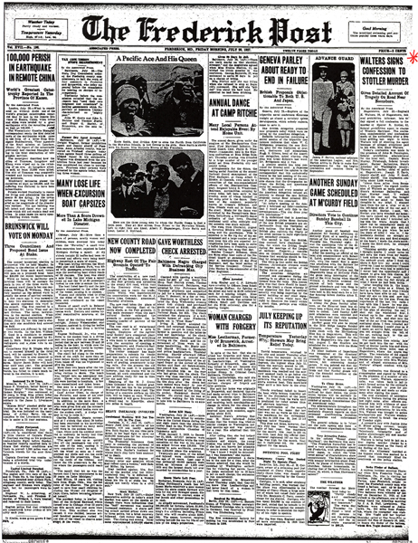 Image of the Frederick Post newspaper article, titled Walters Signs Confession to Stotler Murder
