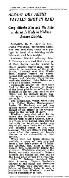 Image of a newspaper article with headline, Albany Dry Agent Fatally Shot in Raid