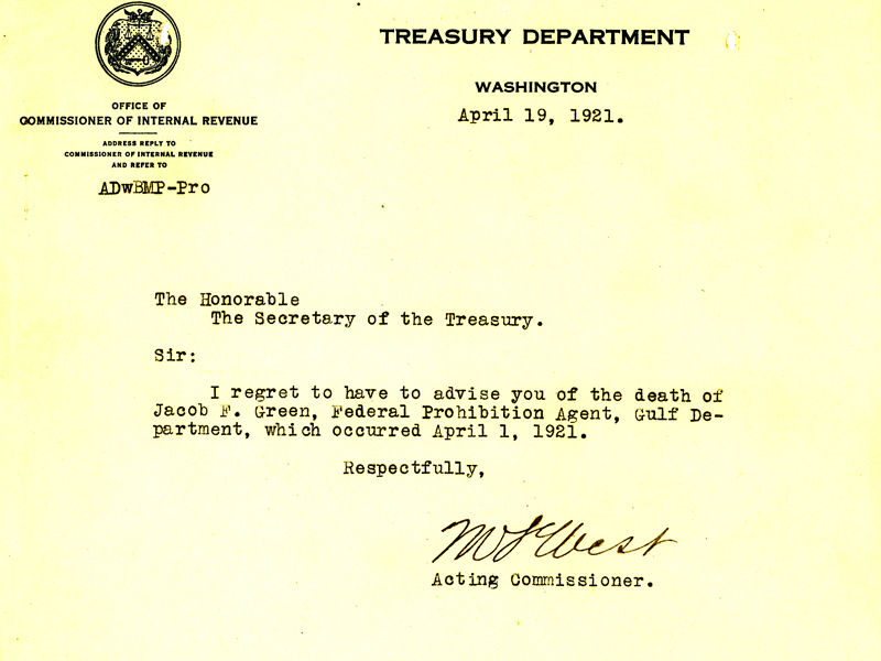 Letter announcing the death of Jacob Green