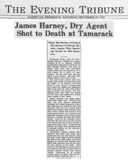 Image of newspaper article from The Evening Tribune, dated September 24, 1932, with headline: James Harney, Dry Agent Shot to Death at Tamarack