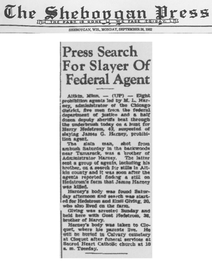 Image of newspaper article from the Sheboggan Press, with headline: Press Search for Slayer of Federal Agent