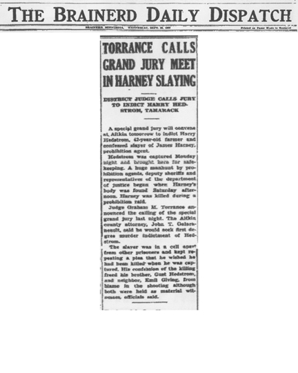 Image of newspaper article from The Brainerd Daily Dispatch, with headline: Torrance Calls Grand Jury Meet in Harney Slaying