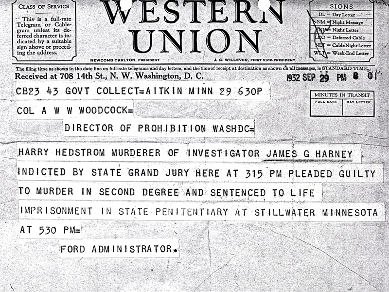 Image of telegram regarding the indictment of Harry Hedstrom for the murder of Investigator James Harney