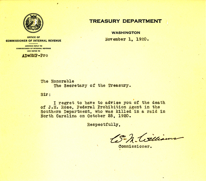 Picture of the death announcement from the Treasury Department regarding James Holland Rose.