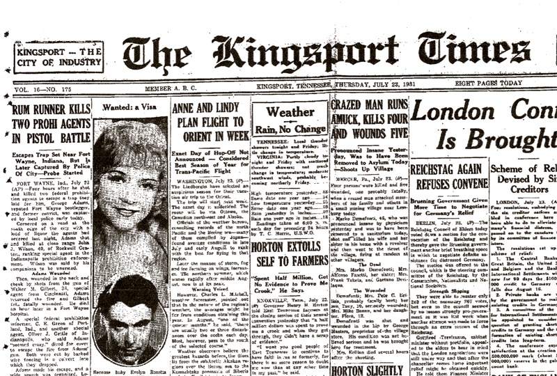 Image of newspaper article from The Kingsport Times, dated July 23, 1931 with headline: Rum Runner Kills Two Prohi Agents in Pistol Battle