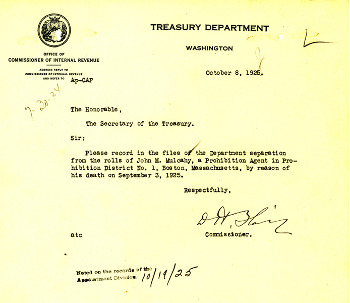 Telegram announcing the death of John Mulcahy