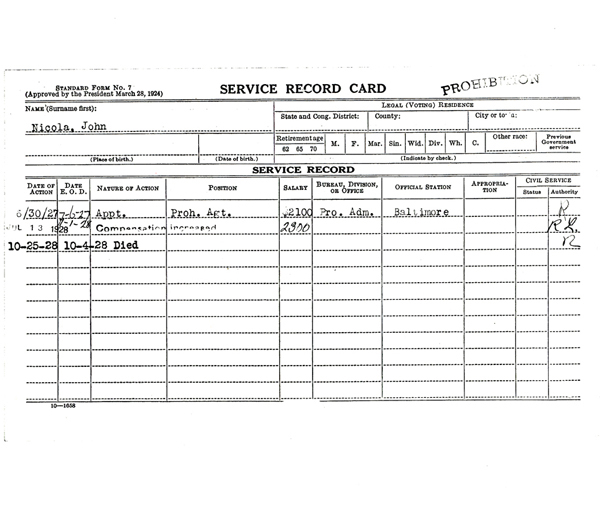 Image of a service record card for John Nicola