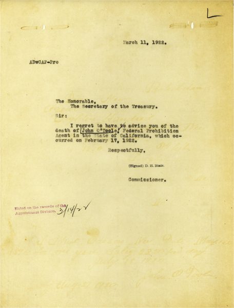 Telegram announcing the death of John OToole