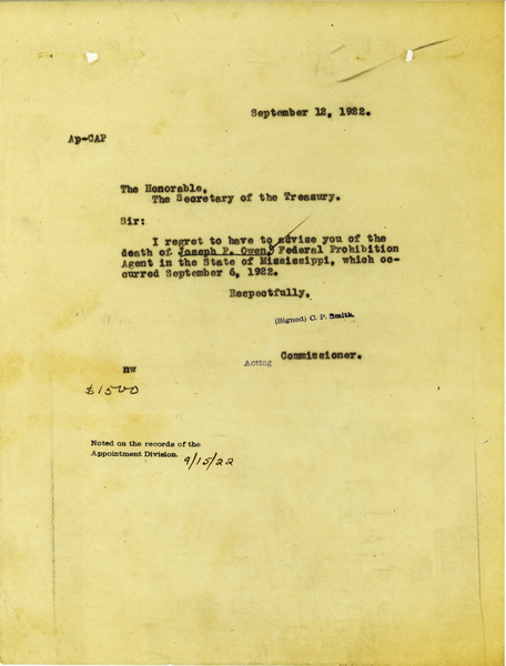 Telegram from the Treasury Department announcing the death of Joseph Owen