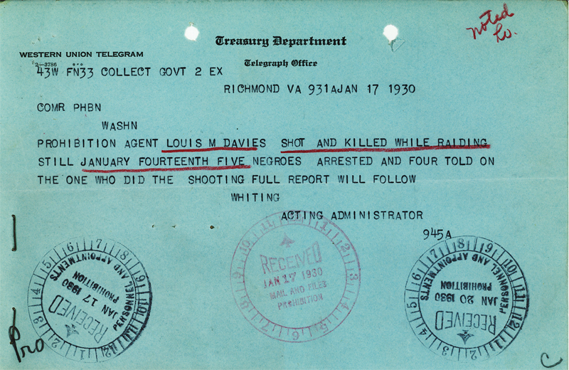 Image of a telegram regarding the death of Louis M. Davies