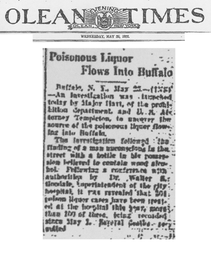 Image of the Olean Evening Times newspaper article, dated May 25, 1927, titled Poisonous Liquor Flows Into Buffalo