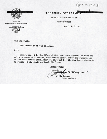 Image of a telegram regarding the death of Oscar C. Hanson